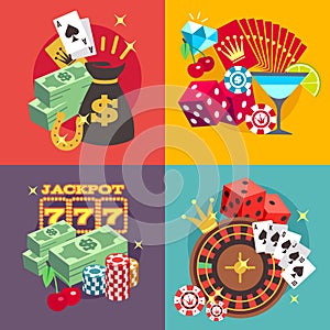 Casino gambling vector concept set with win money jackpot flat icons