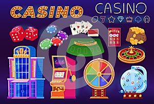 Casino gambling vector illustration set, cartoon flat collection for gamer with jackpot gaming slot machine, poker cards