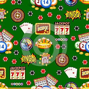 Casino gambling win luck fortune gamble play game seamless pattern background risk chance icons success vegas roulette