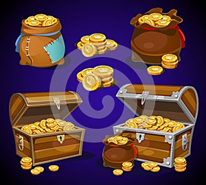 Casino and Game cartoon 3d money icons. Gold coins in moneybags