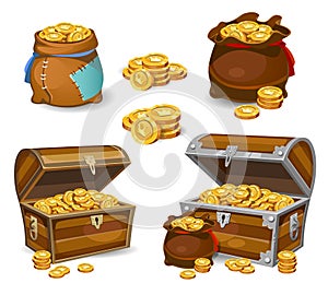 Casino and Game cartoon 3d money icons. Gold coins in moneybags