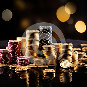 Casino game concept chips, playing cards, golden coins on black