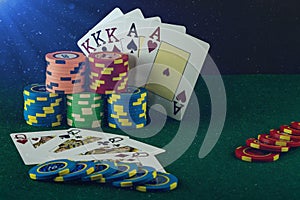 Casino game elements such as colored chips, poker cards and money