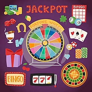 Casino game gambling symbols blackjack cards money winning roulette joker vector illustration