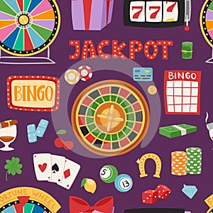 Casino game gambling symbols blackjack cards money winning roulette joker vector seamless pattern