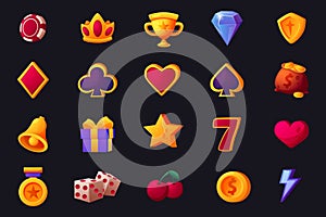 Casino game icons. Luck fruits. Slot symbols like cherry or bell. Poker machine. Jackpot signs. Gambling heart and star