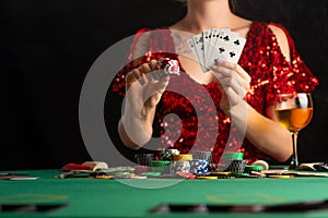 Casino game, poker. Emphasis and focus on chips. Raising bets, gaming business