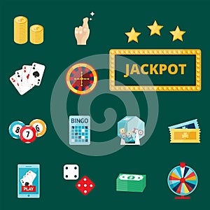 Casino game poker gambler symbols blackjack cards money winning roulette joker vector illustration.