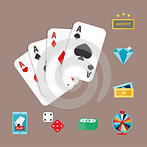 Casino game poker gambler symbols blackjack cards money winning roulette joker vector illustration.