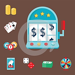 Casino game poker gambler symbols blackjack cards money winning roulette joker vector illustration.