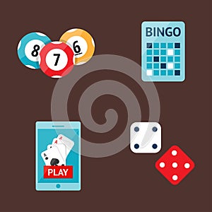 Casino game poker gambler symbols blackjack cards money winning roulette joker vector illustration.