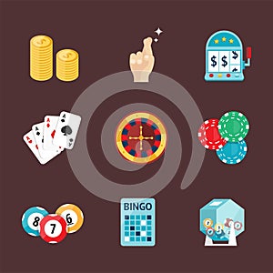 Casino game poker gambler symbols blackjack cards money winning roulette joker vector illustration.