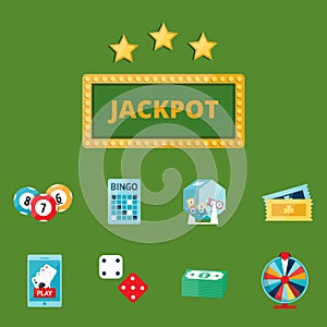 Casino game poker gambler symbols blackjack cards money winning roulette joker vector illustration.