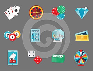 Casino game poker gambler symbols blackjack cards money winning roulette joker vector illustration.