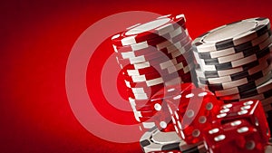 Casino games and gambling concept with stacked poker chips and red dice used in the game of craps. There are two white stacks and