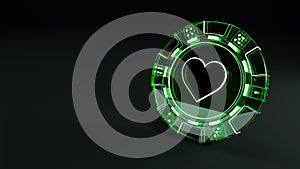 Casino Green Glass Chip in Hearts Concept with Dice Dots Isolated on the Black Background - 3D Illustration