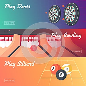 Casino Horizontal Banner Set (Darts, Bowling and Billiard). Flat Style. Clean Design.