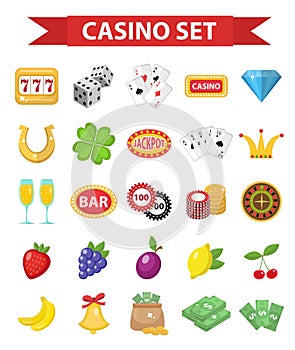 Casino icons, flat style. Gambling set isolated on a white background. Poker, card games, one-armed bandit, roulette