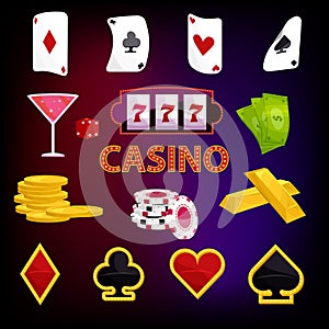 Casino icons set, cartoon style