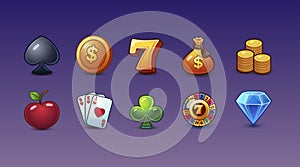 Casino icons set, symbol gamble collection, slots sign. Vector illustration