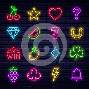 Casino icons for slot machine. Set of glowing neon gaming icons. Casino and gambling signs, fruits and online casino icons for