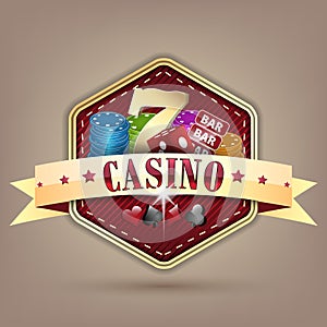 Casino illustration with ribbon, chips, dice, card and lucky seven symbol.
