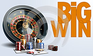 Casino illustration with roulette wheel, playing chips, dice, poker cards on white background