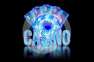 Casino inscription. Neon chips and cards for poker, casino hologram atrebutics. Winning, casino advertising template, gambling,