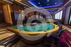 Casino interior with roulette table and chips.