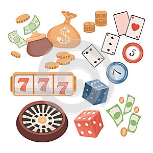 Casino items vector flat illustration. Roulette, golden coins, money, slot machine, poker chips, playing cards, dices.