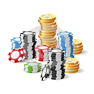 Casino and jackpot - gambling chips heap and rouleau of coins, fortune