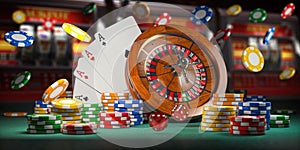 Casino jackpot and gambling concept background. Roulette. cards, dice and casino chips on slot machine background