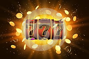 Casino jackpot. Glowing 777 lucky number. Money win. Slot machine. Golden coins. 3D bingo or bet. Fortune elements. Play