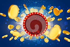 Casino lamp frame with gold realistic 3d coins background.