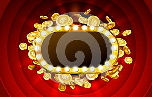 Casino lamp frame with gold realistic 3d coins background. Vector