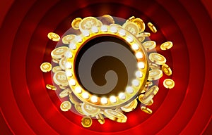 Casino lamp frame with gold realistic 3d coins background. Vector