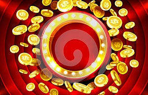 Casino lamp frame with gold realistic 3d coins background. Vector