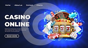 Casino landing page. Gambling roulette website big lucky prize, realistic 3D vector illustration 777 slot machine photo