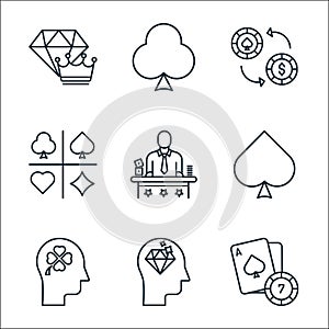 Casino line icons. linear set. quality vector line set such as card game, mind, thinking, spade, croupier, card game, casino chip
