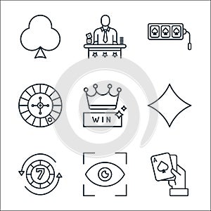 Casino line icons. linear set. quality vector line set such as card game, view, poker chip, card game, monarchy, casino, jackpot