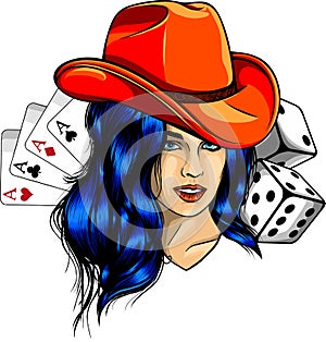 Casino logo with black hair girl, dices, cards, vector illustration