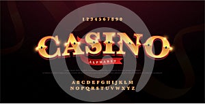 Casino luxury 3d alphabet gold logotype with royal font. Typography red and golden fonts letters uppercase and number. vector
