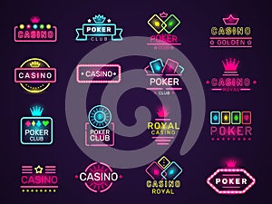 Casino neon badges. Poker club game logo colored lighting vegas style vector set