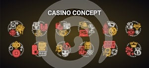 Casino neon light concept icons set. Online games of chance and bonuses idea. Slot machines, card games, roulette