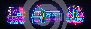 Casino Neon sign collection design vector template. Casino, Poker Night Logo, Slot Machine, Bright Neon Signboard
