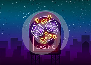Casino is a neon sign. Neon logo, emblem gambling, bright banner, neon casino advertising for your projects. Night light