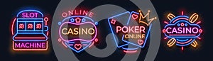 Casino neon signs. Slot machine jackpot banners, poker bar night billboard, gambling roulette. Vector casino neon