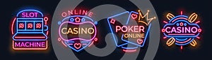 Casino neon signs. Slot machine jackpot banners, poker bar night billboard, gambling roulette. Vector casino neon photo
