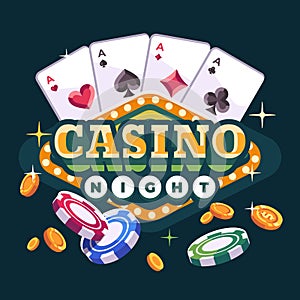Casino night illustration with playing cards, poker chips and gold coins