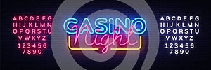 Casino Night Neon sign vector design template. Casino neon logo, light banner design element colorful modern design